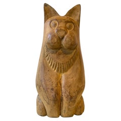 Vintage 1950s Carved Wood Cat Sculpture 