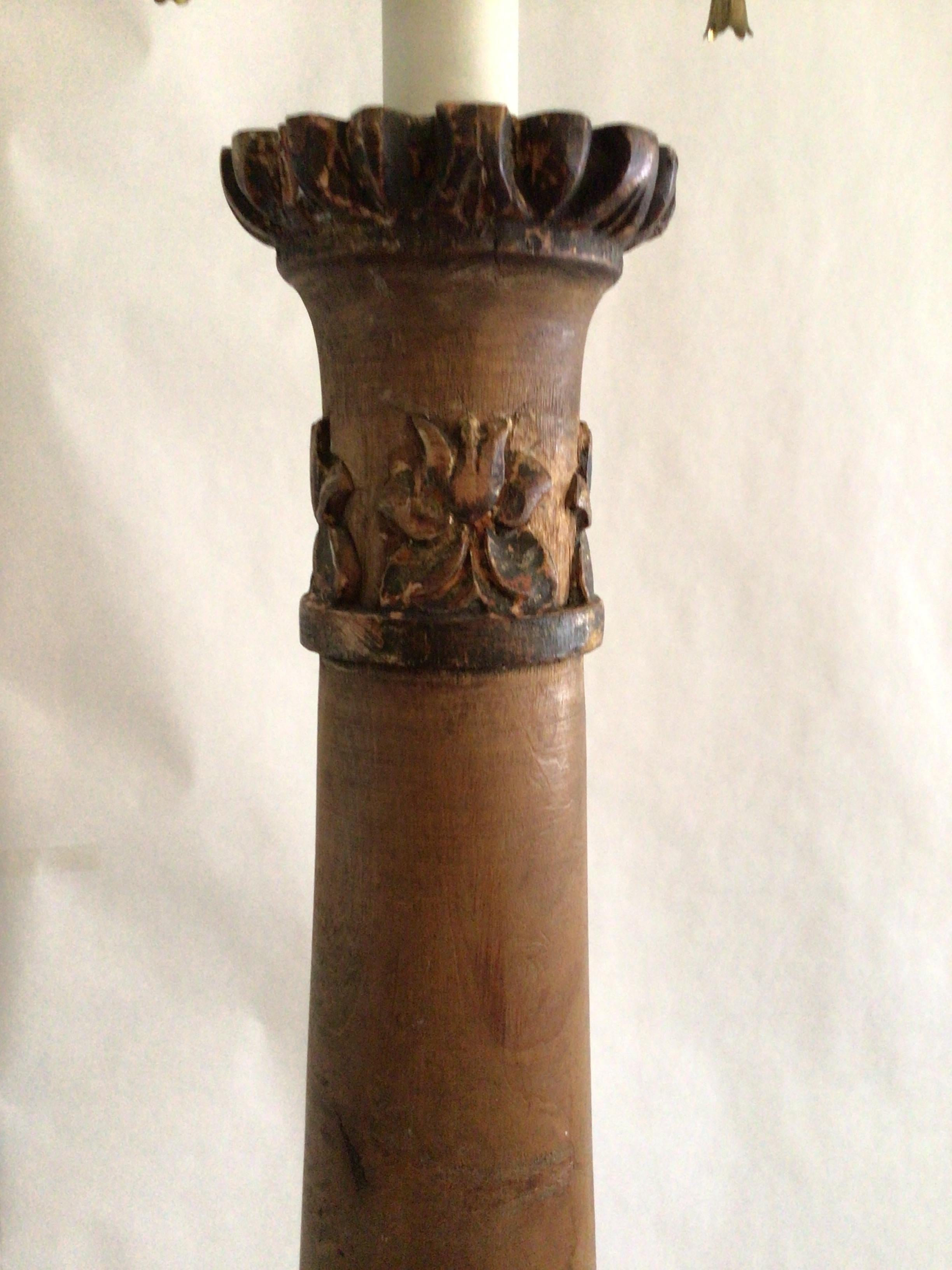Mid-20th Century 1950s Carved Wood Column Table Lamp For Sale