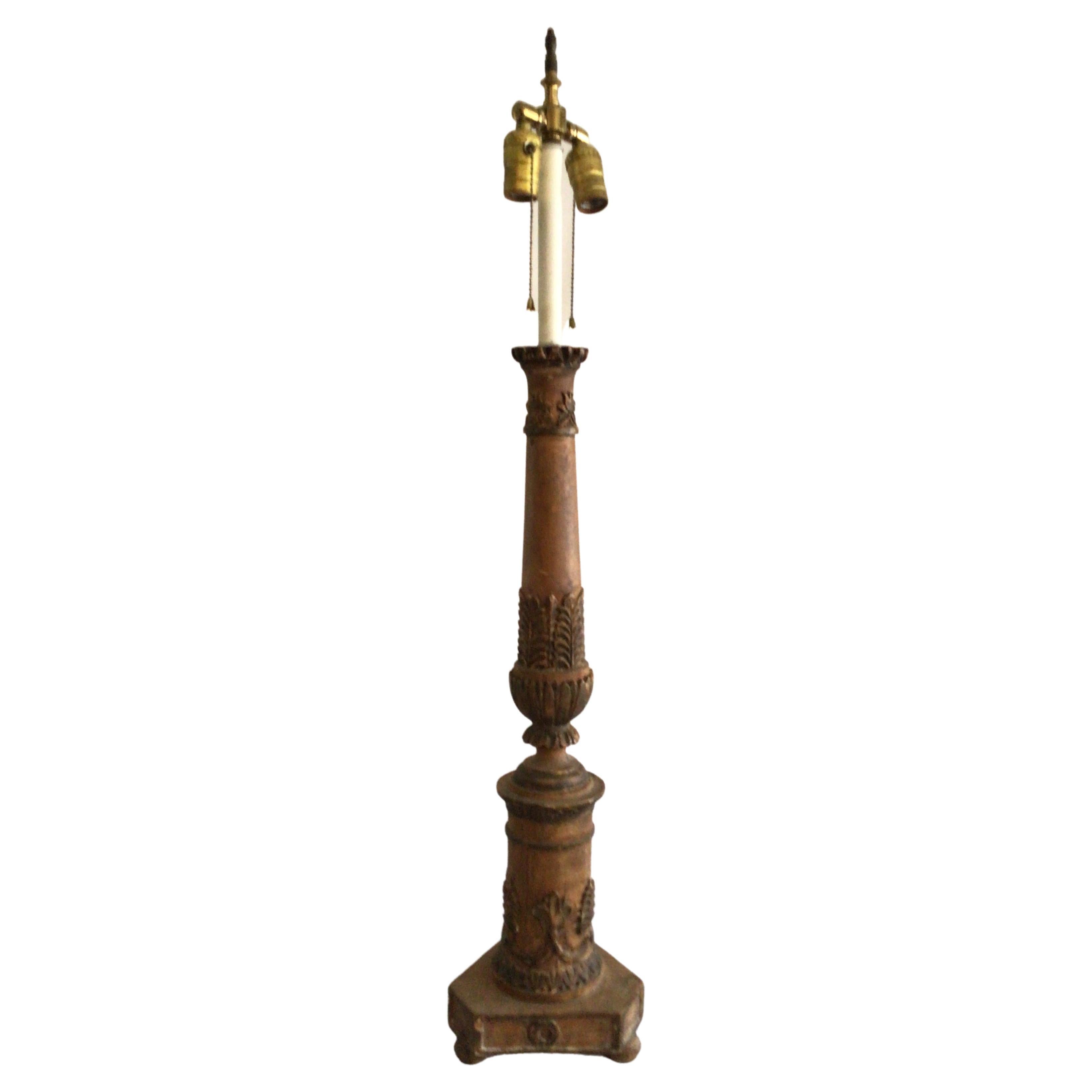 1950s Carved Wood Column Table Lamp