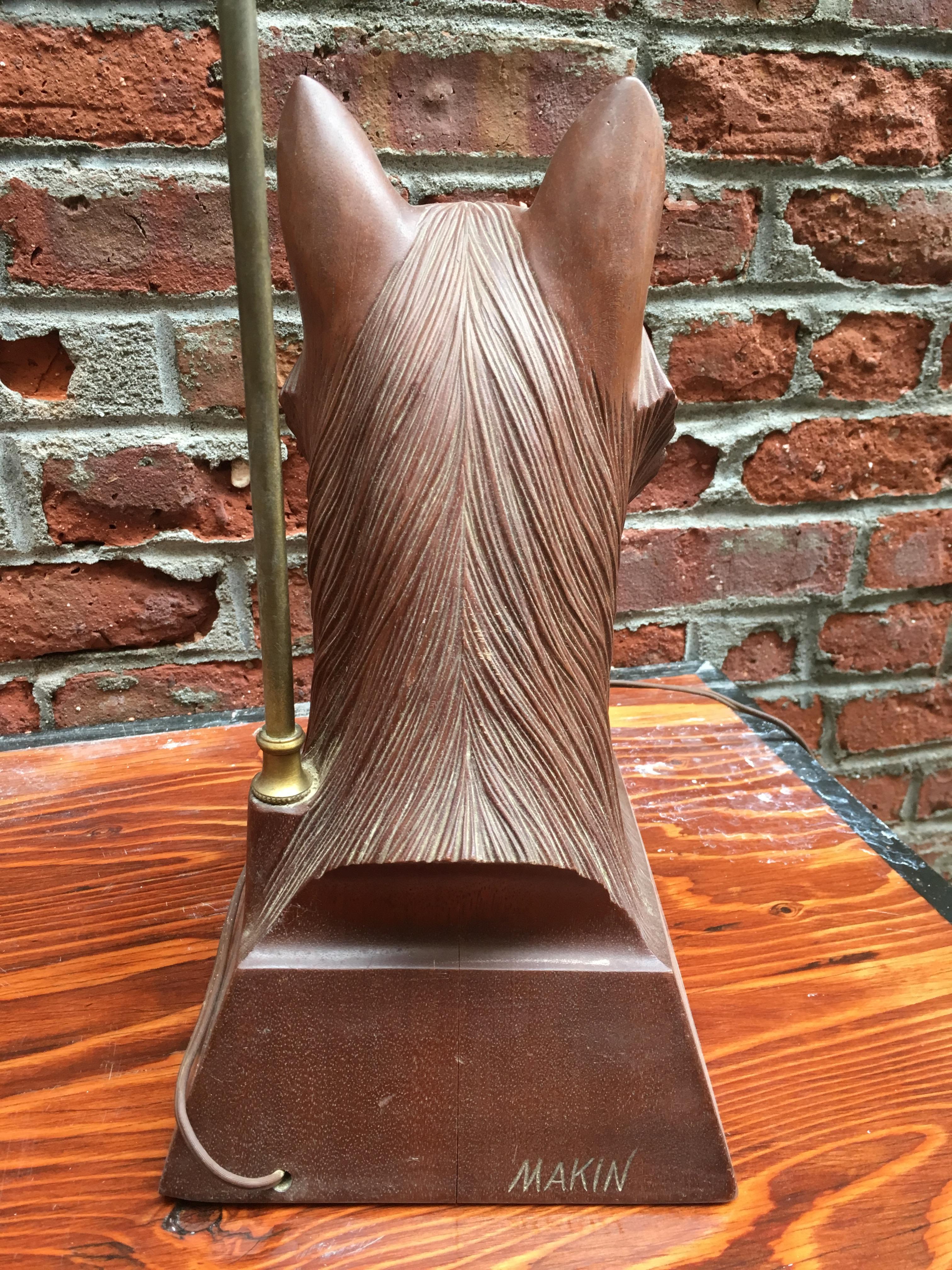 Hollywood Regency 1950s Carved Wood Fox Head Table Lamp