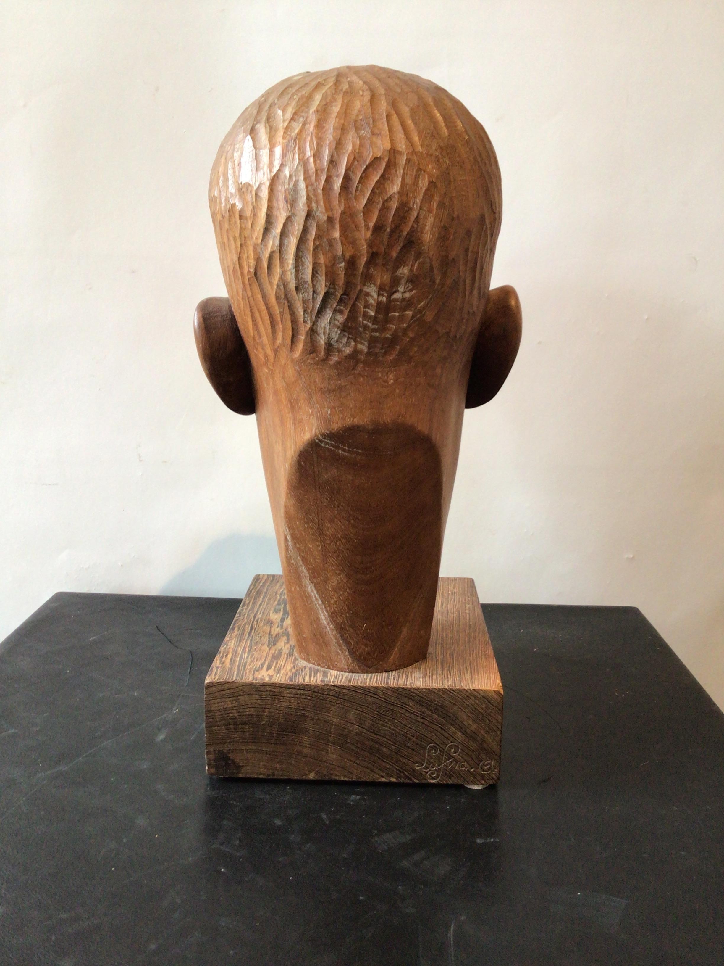 Mid-20th Century 1950s Carved Wood Sculpture of Mans Head For Sale