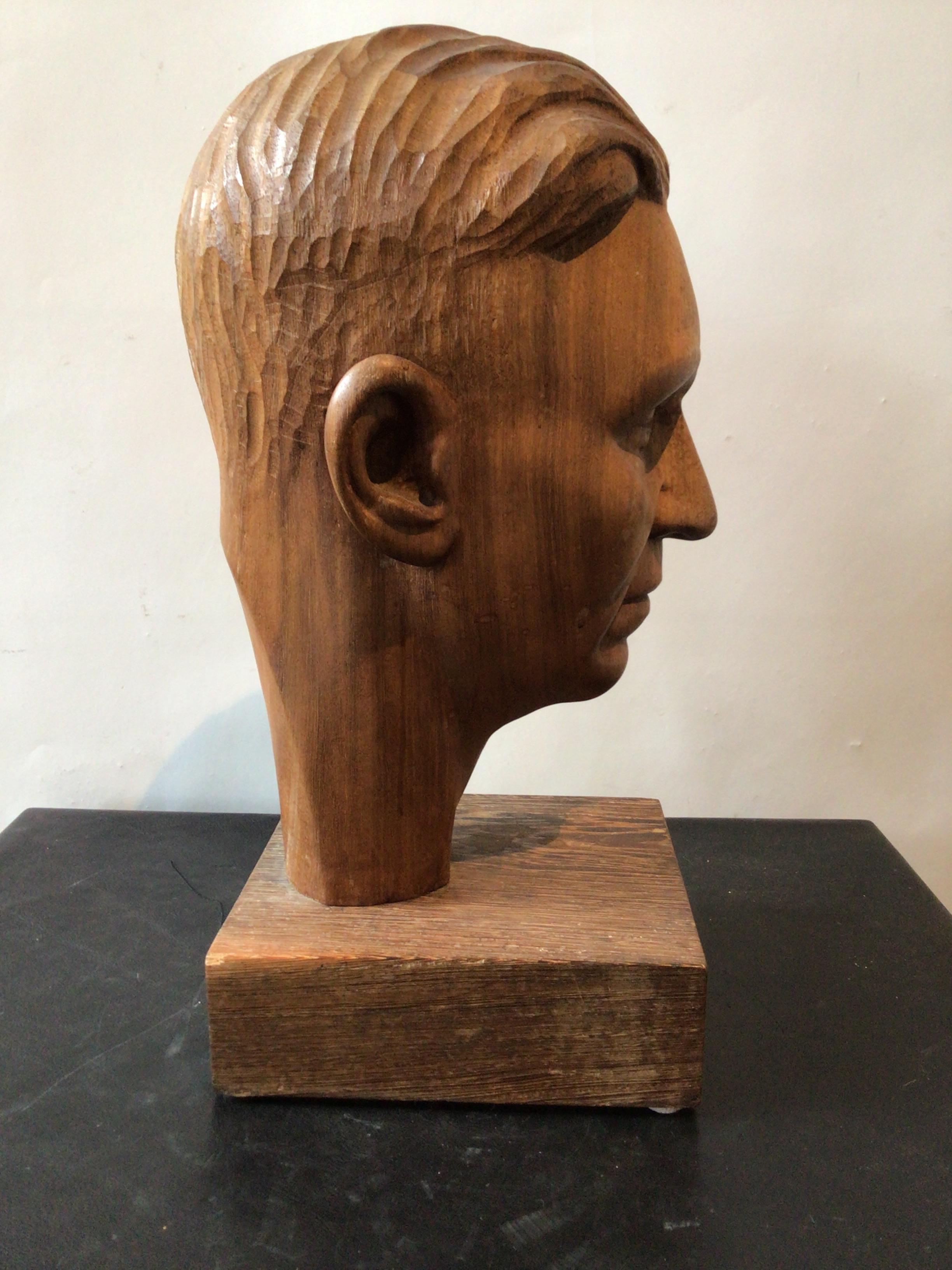 1950s Carved Wood Sculpture of Mans Head For Sale 1