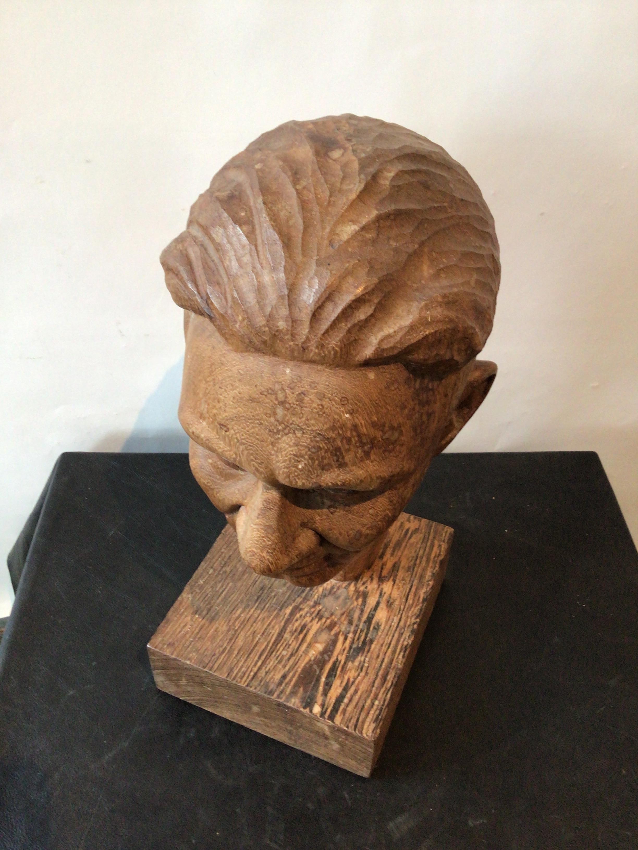 1950s Carved Wood Sculpture of Mans Head For Sale 2