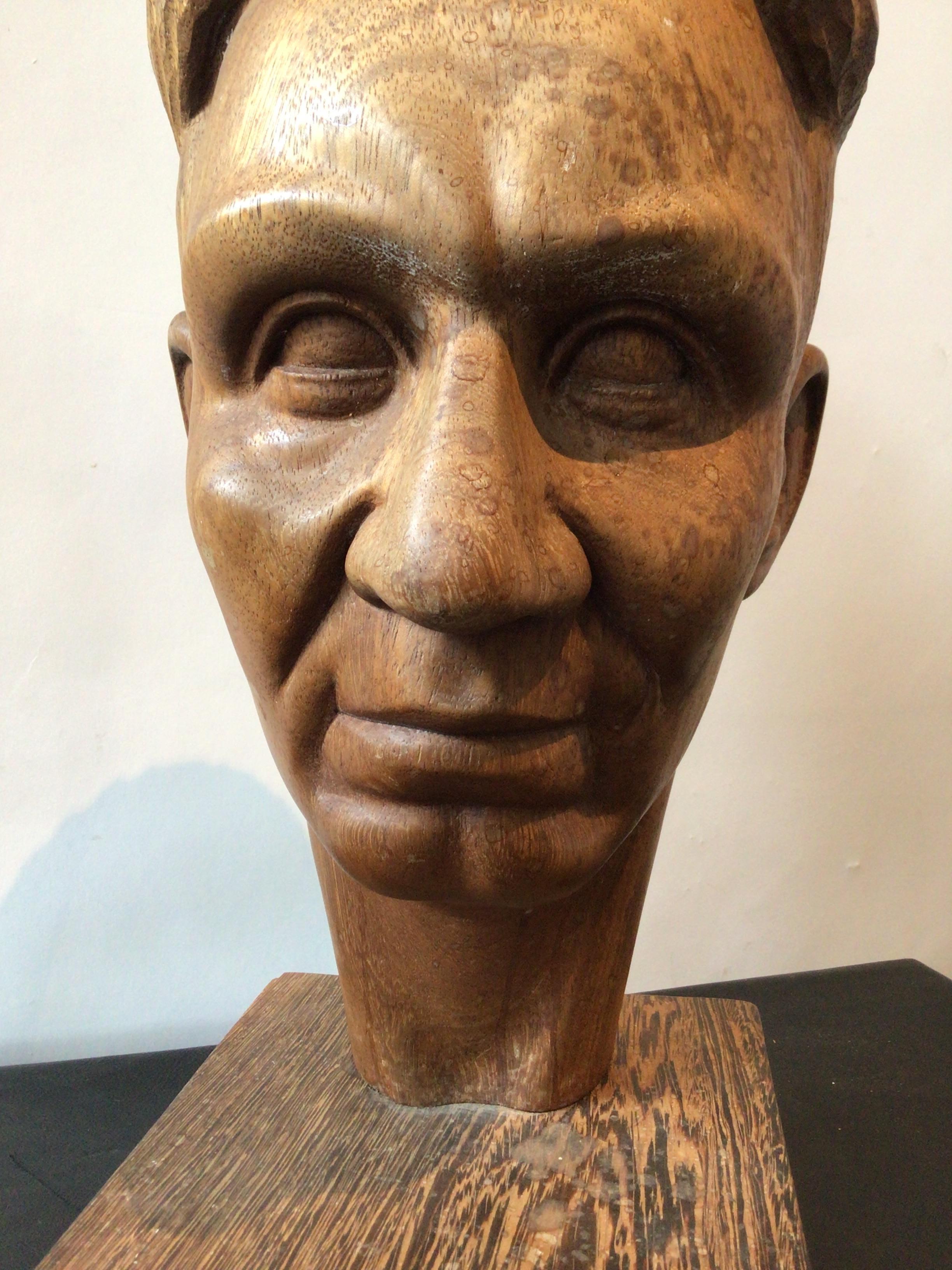 1950s Carved Wood Sculpture of Mans Head For Sale 3