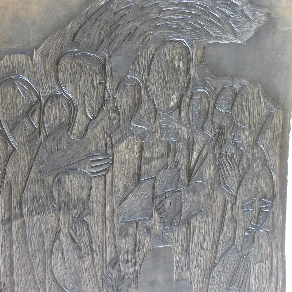 Sculpté à la main Bloc d'impression en bois sculpté des années 1950 par Pauline Jacobsen Christian Soul en vente