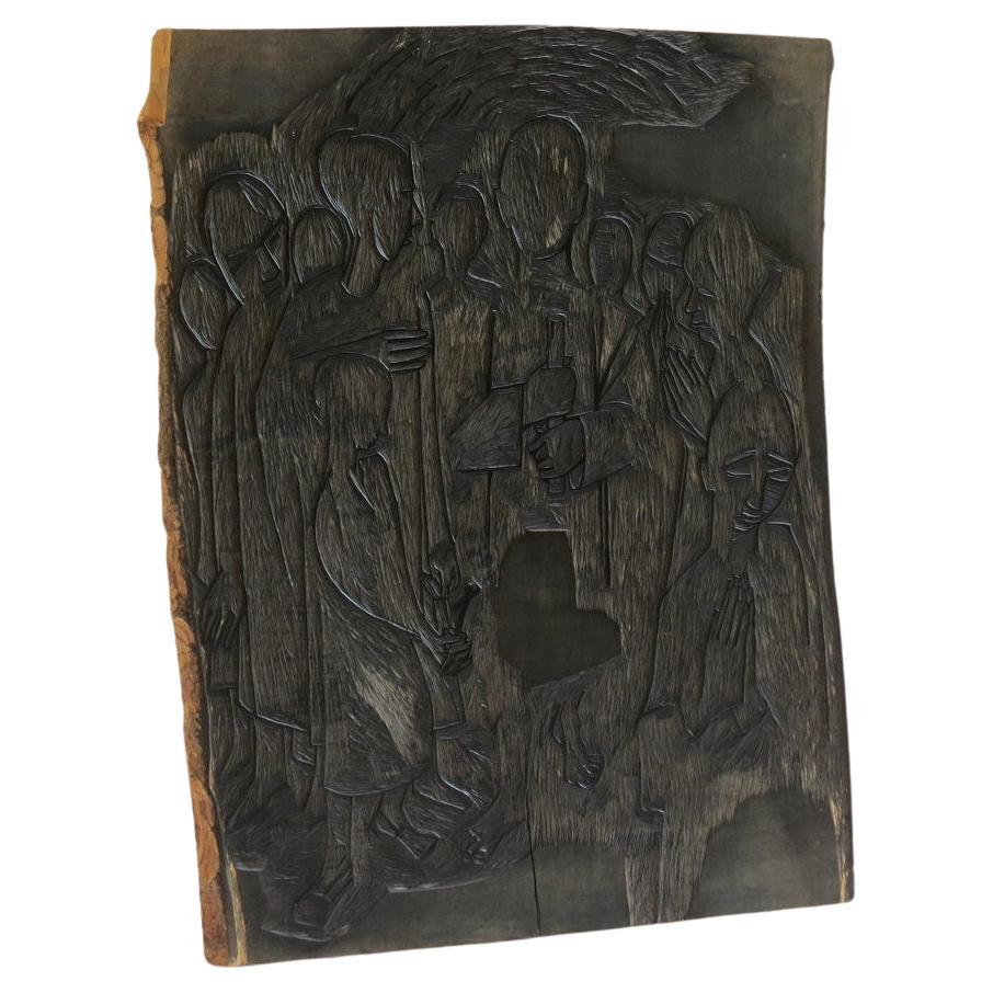 Bloc d'impression en bois sculpté des années 1950 par Pauline Jacobsen Christian Soul