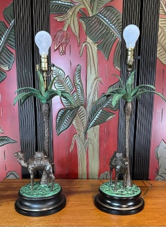 1950s Cast Bronze Camel and Palm Tree Lamps, a Pair