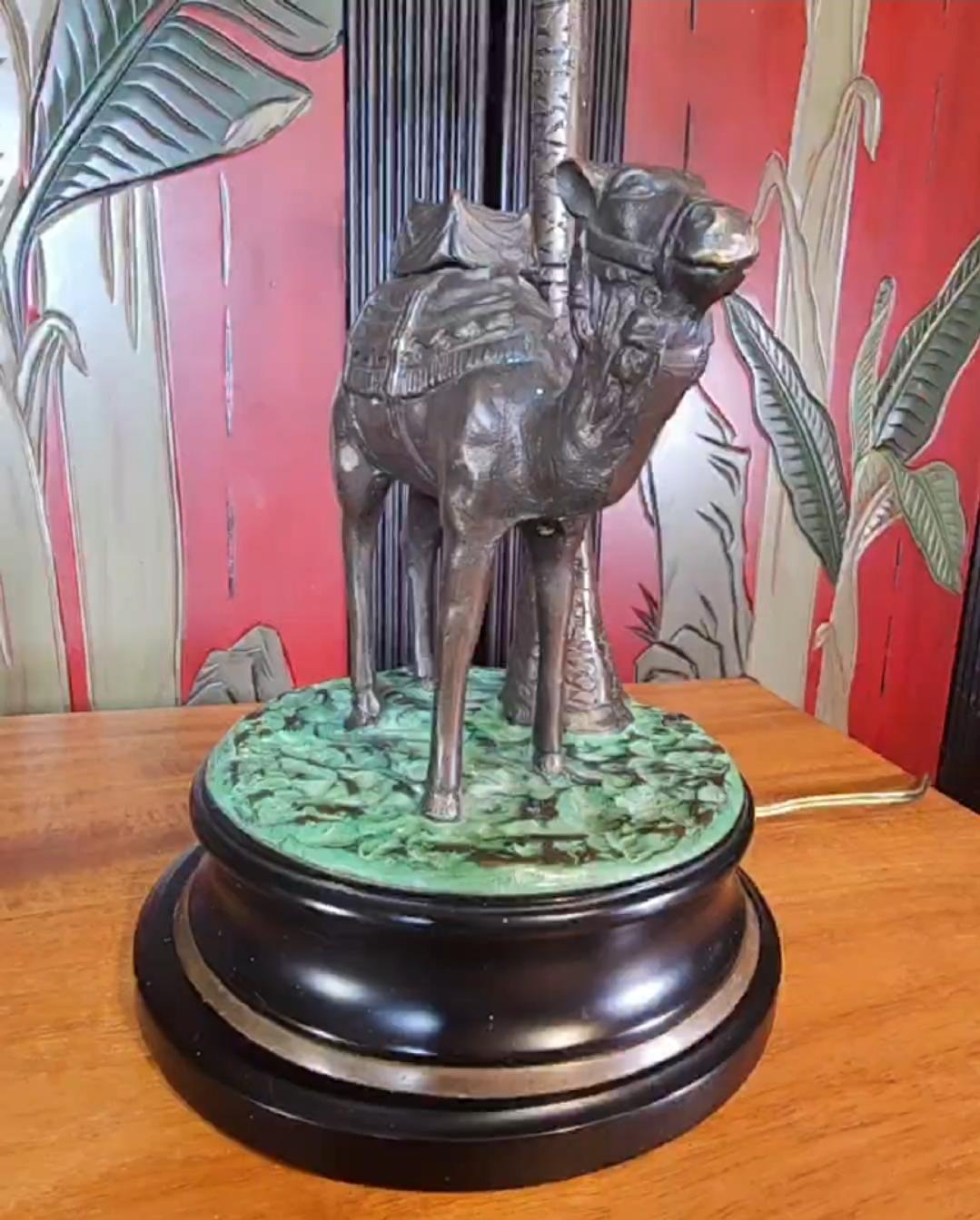 1950s Cast Bronze Camel and Palm Tree Lamps, a Pair  In Good Condition For Sale In Waxahachie, TX