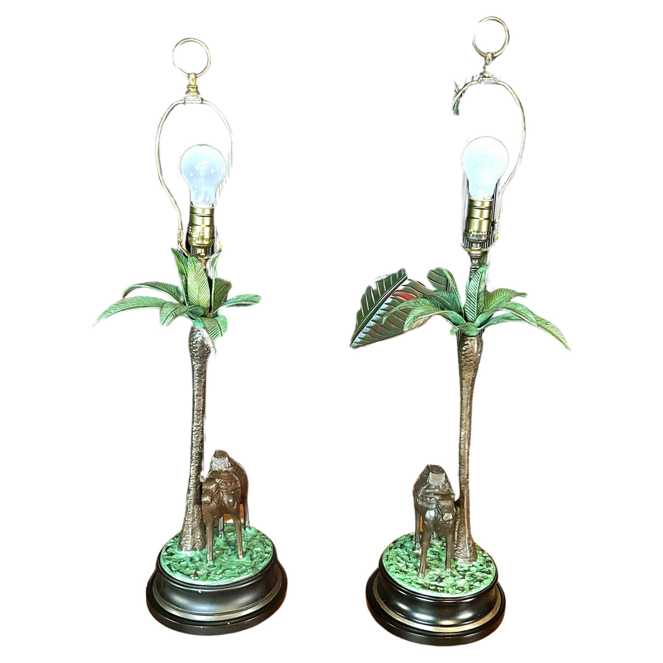 1950s Cast Bronze Camel and Palm Tree Lamps, a Pair  For Sale