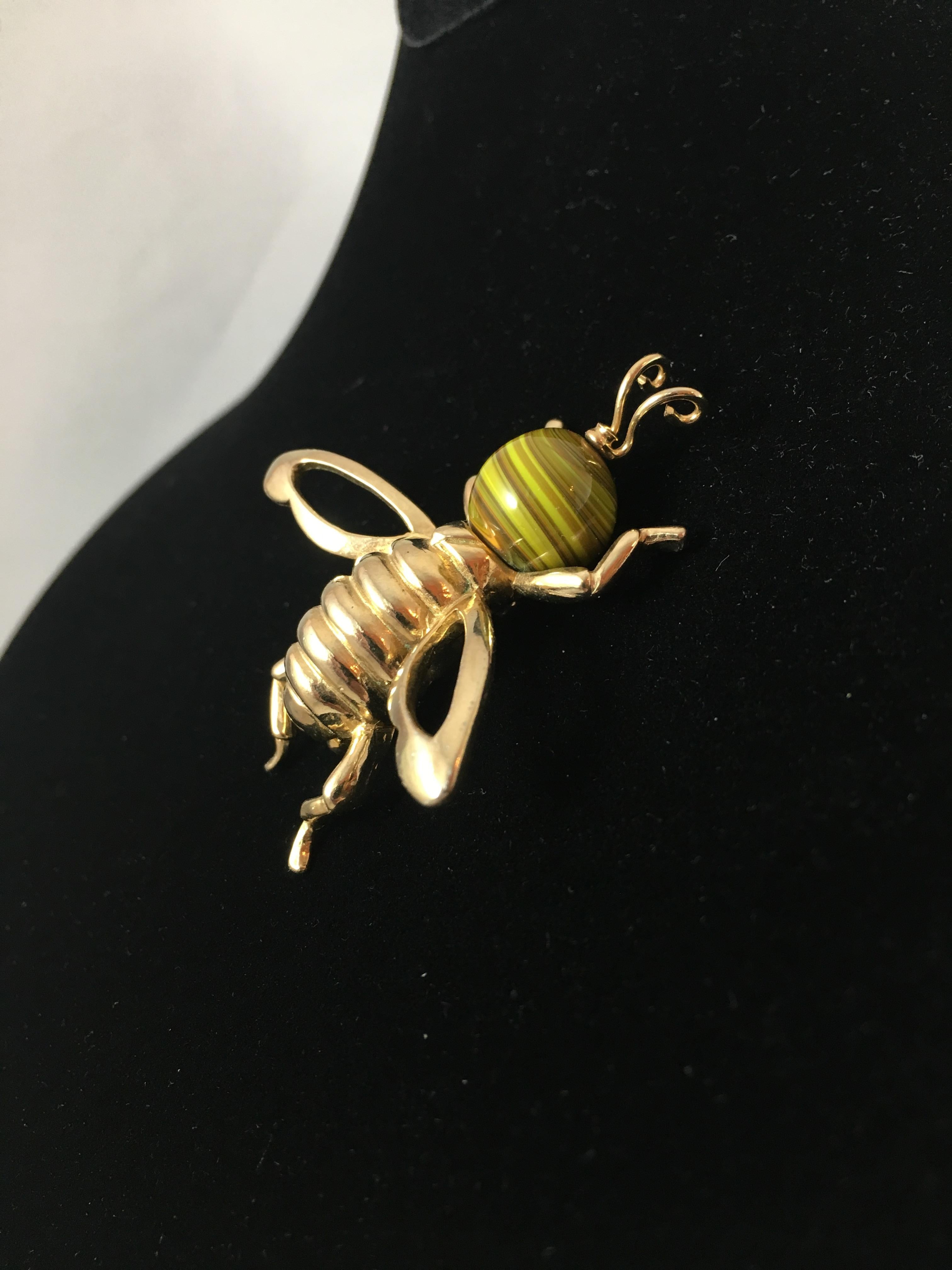 1950s Castlecliff Bee Brooch with Yellow Art Glass Head  1
