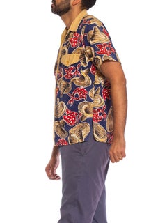 1950S CATALINA Blue & Beige Cotton Straw Hats Bandana Print Shirt