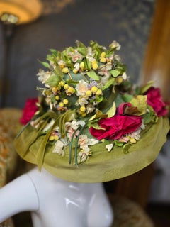 1950s Cathay Huge Silk Floral Wide Brim Sun Hat Easter Bonnet