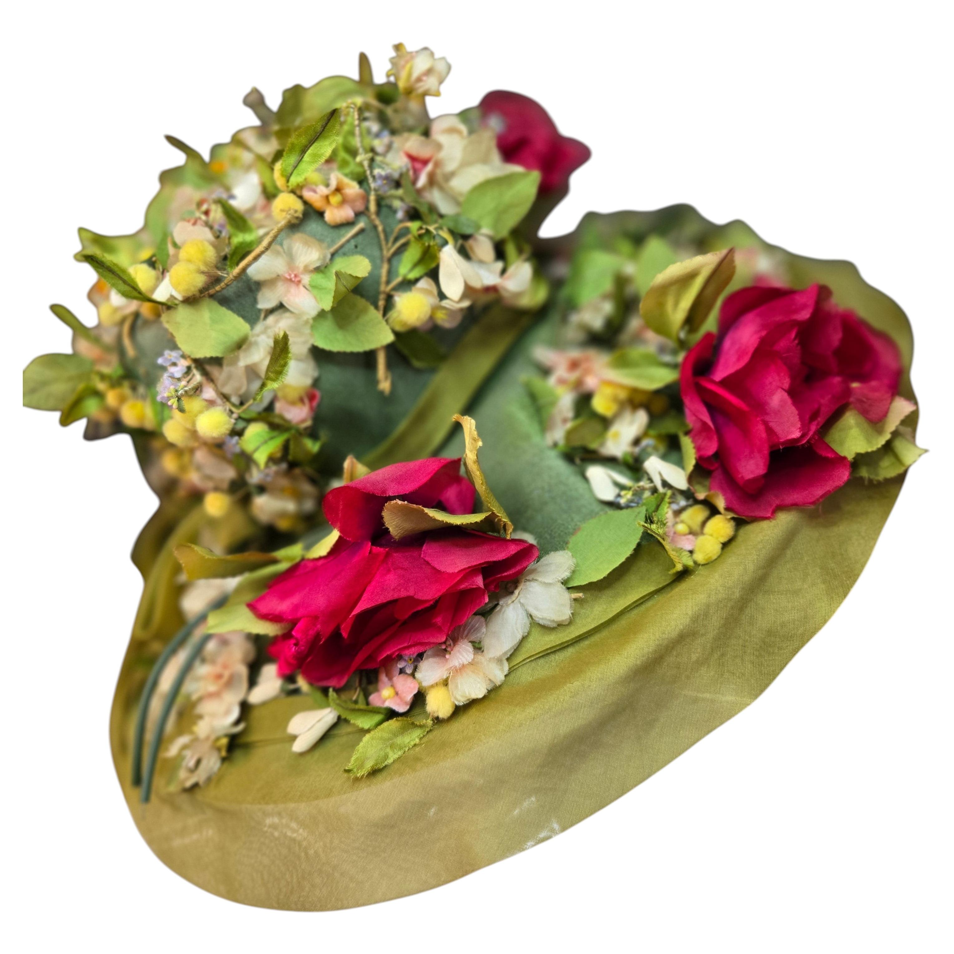 1950s Cathay Huge Silk Floral Wide Brim Sun Hat Easter Bonnet