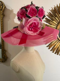1950s Cathay Shocking Pink Spring/Summer Wide Tulle Brim Hat w Large Pink Roses