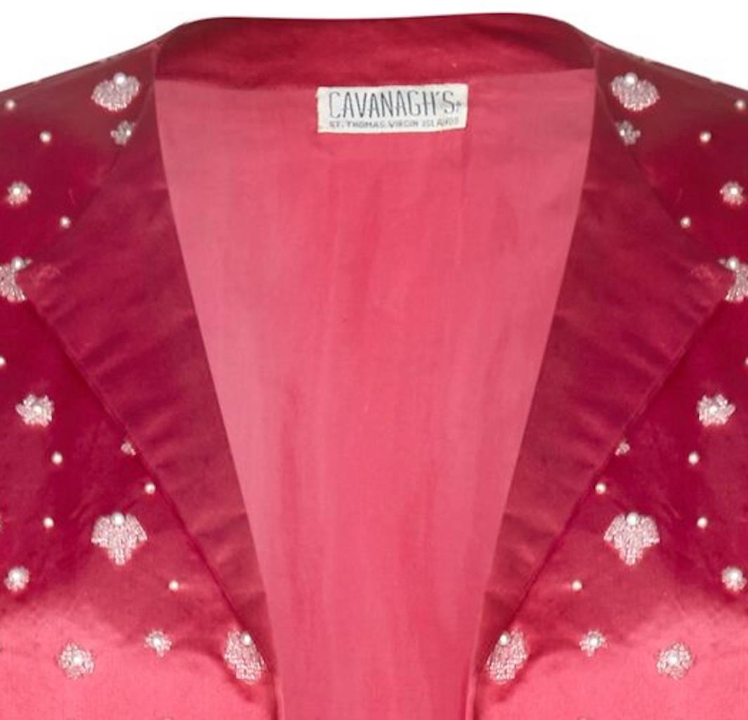 Red 1950s Cavanagh's Silk Satin Cropped Beaded Evening Jacket For Sale