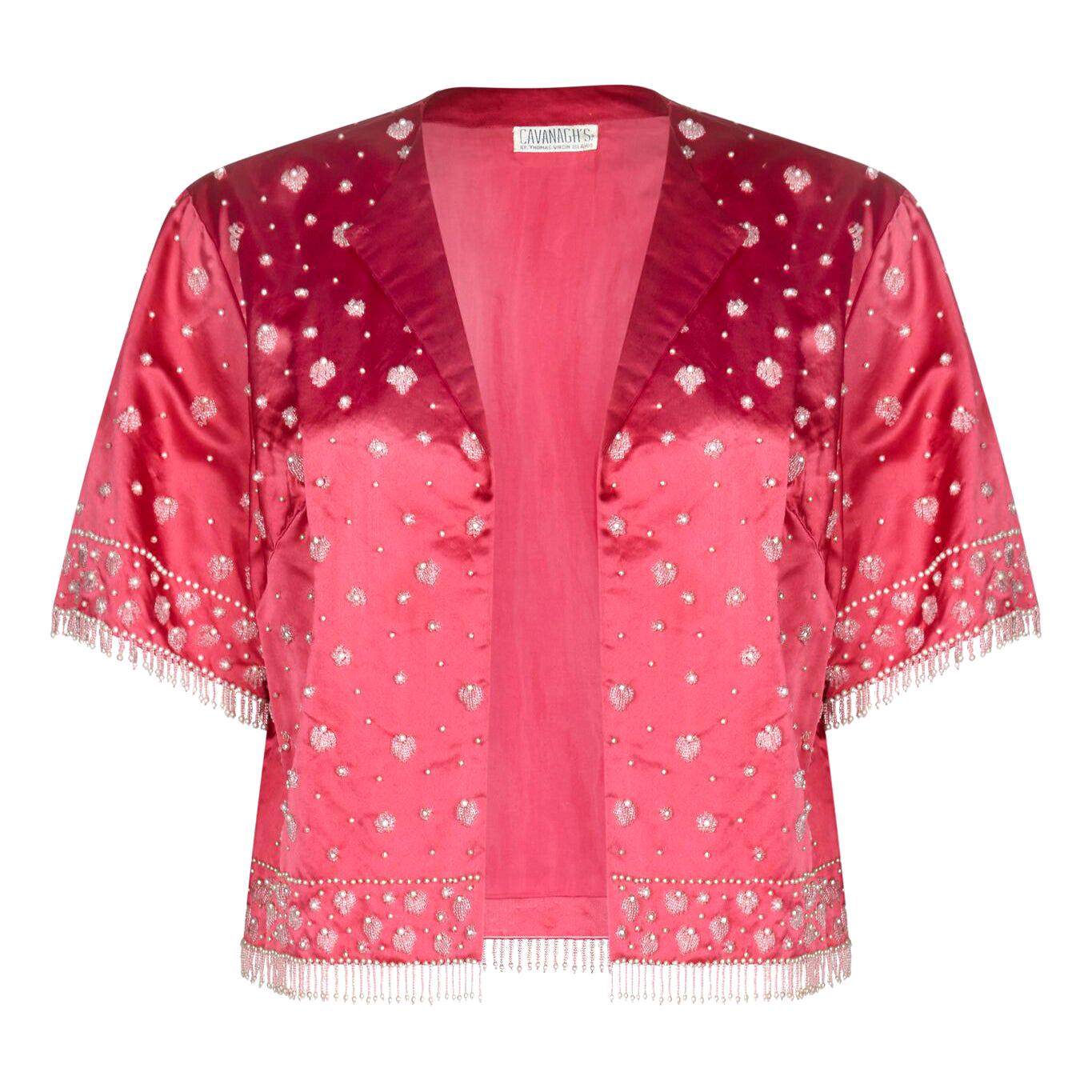 1950s Cavanagh's Silk Satin Cropped Beaded Evening Jacket For Sale