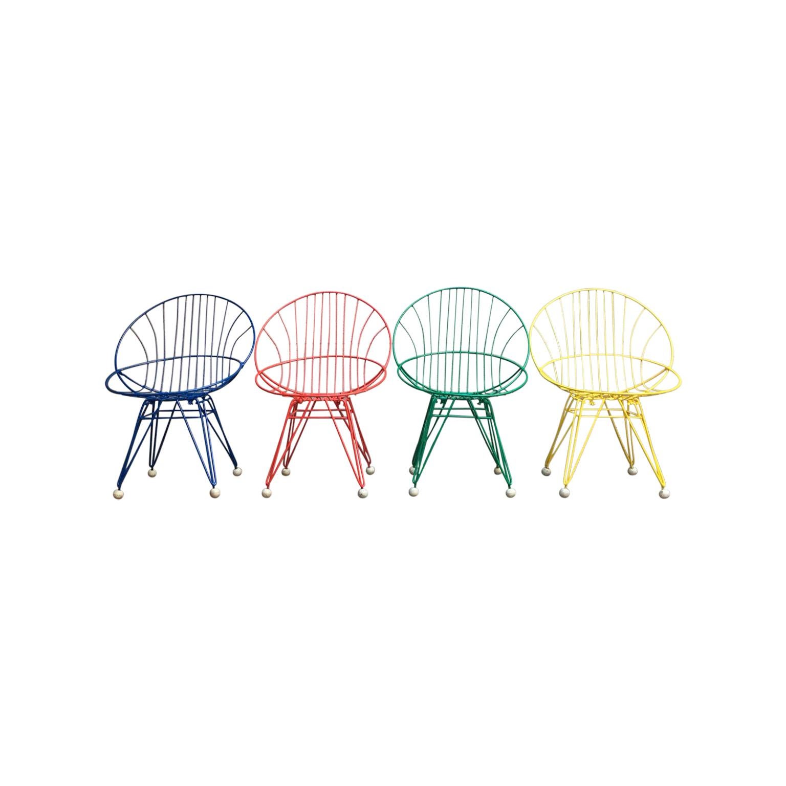 Dutch 1950s Cees Braakman 4 Combex Wire Chairs for Pastoe, Red, Blue, Green, Yellow For Sale