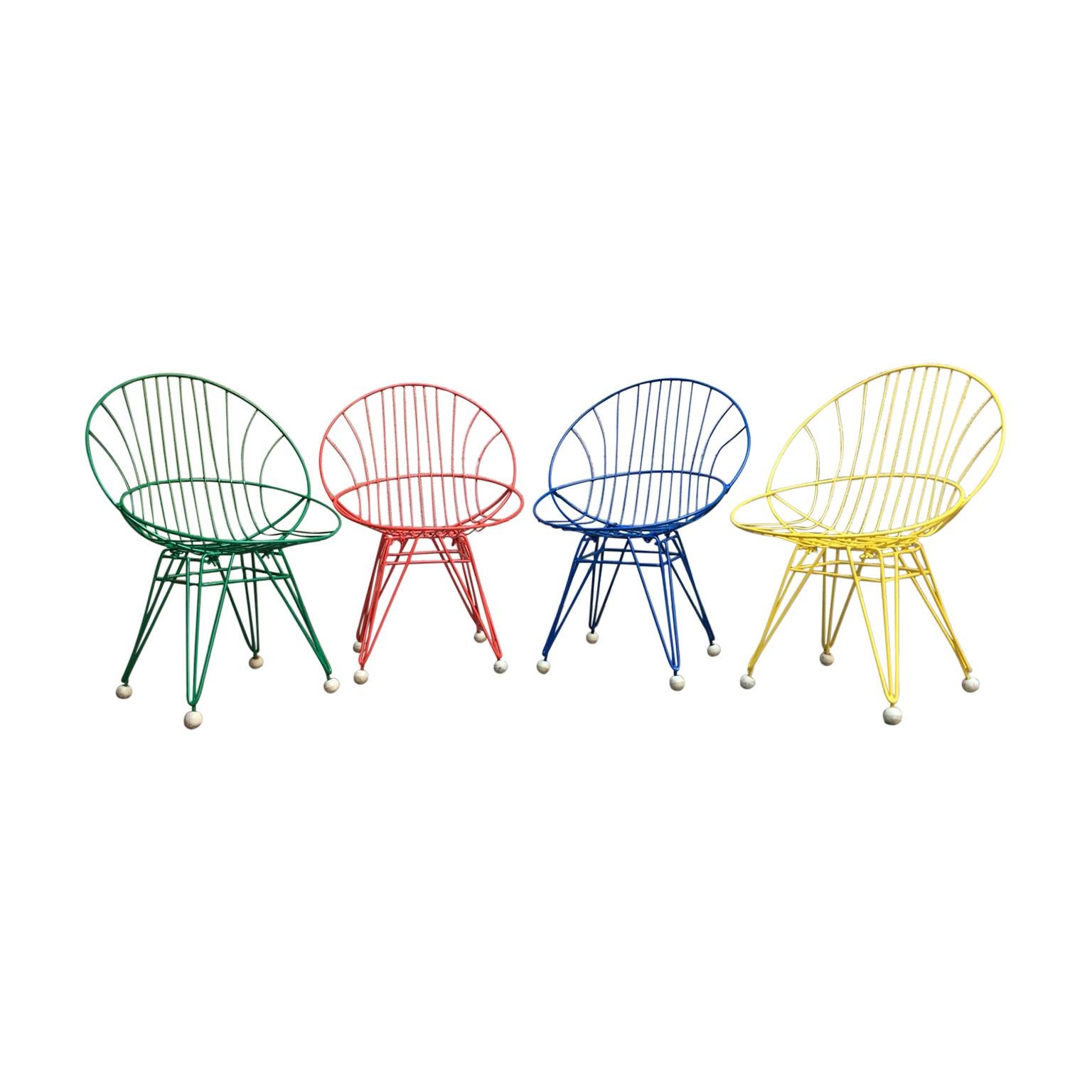 1950s Cees Braakman 4 Combex Wire Chairs for Pastoe, Red, Blue, Green, Yellow For Sale