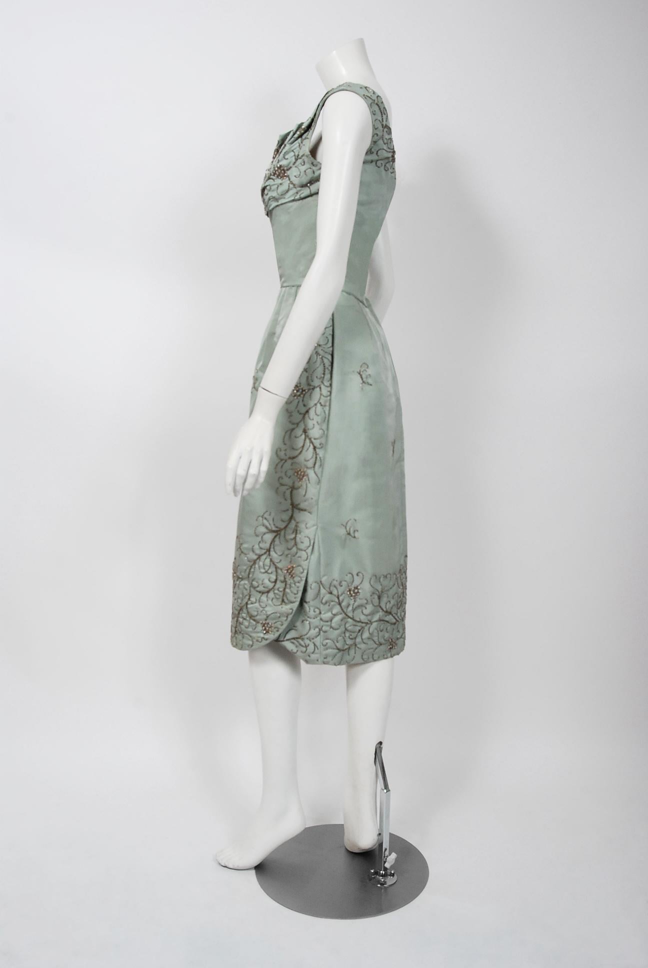 Vintage 1950's Ceil Chapman Beaded Baby-Blue Silk Ruched Shelf-Bust Dress In Good Condition In Beverly Hills, CA