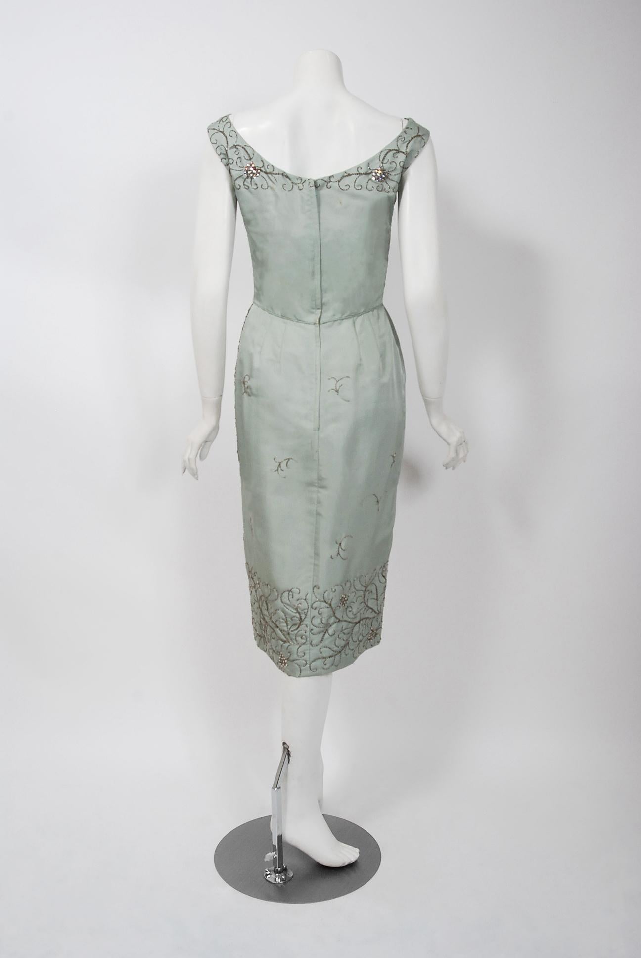 Women's Vintage 1950's Ceil Chapman Beaded Baby-Blue Silk Ruched Shelf-Bust Dress