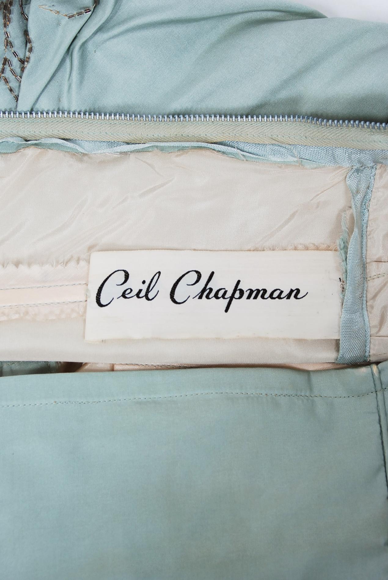 Vintage 1950's Ceil Chapman Beaded Baby-Blue Silk Ruched Shelf-Bust Dress 1