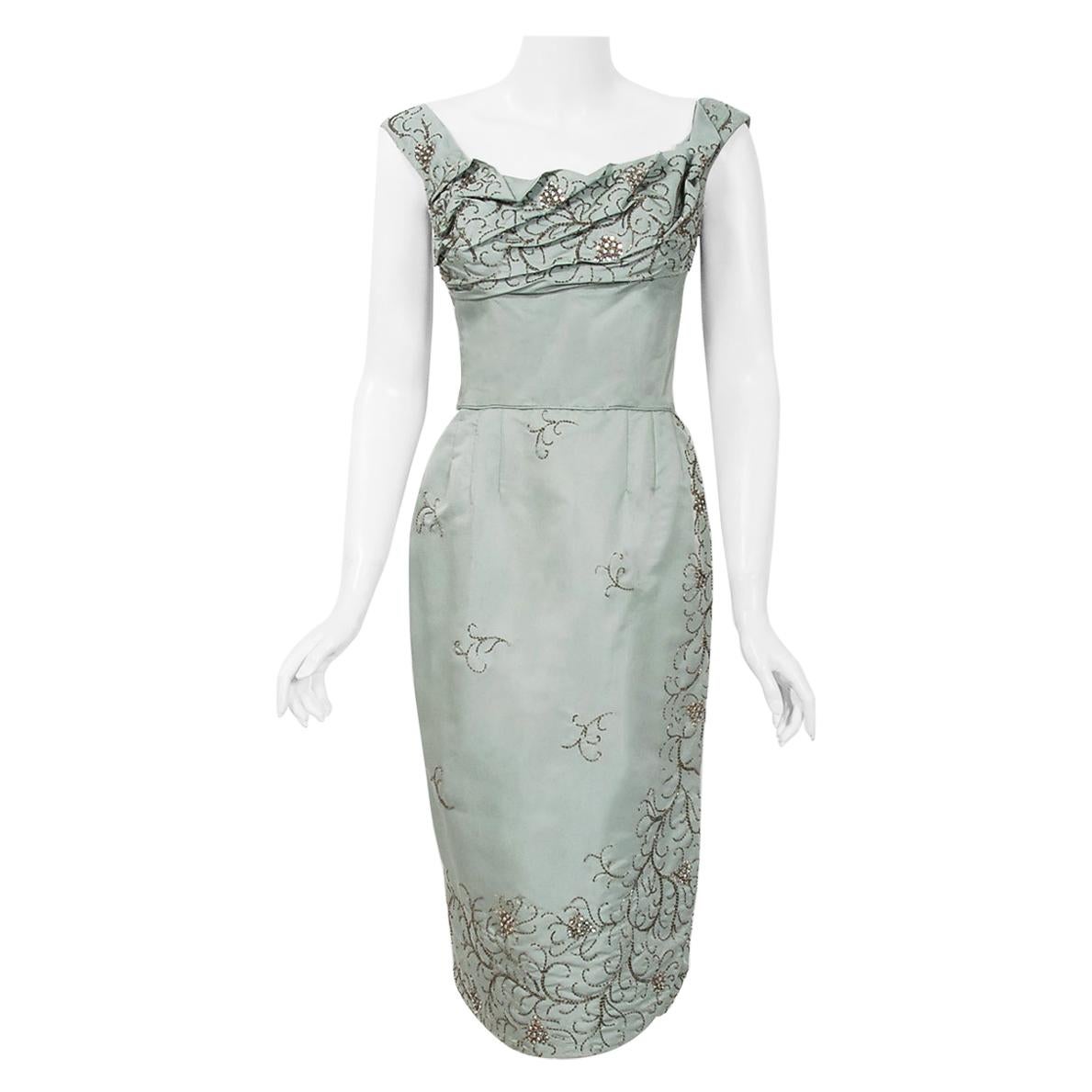 blue silk cocktail dress