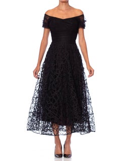 1950S CEIL CHAPMAN Black Rayon & Nylon Draped Tulle Horse Hair Braid Tea Length