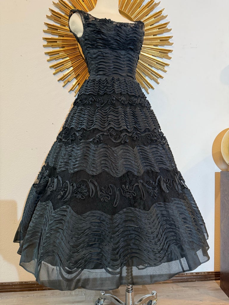 1950s Ceil Chapman Black Silk Organza and Lace New Look Cocktail