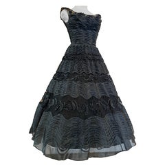1950s Ceil Chapman Black Silk Organza & Lace New Look Cocktail Dress w Applique