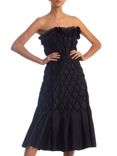 1950S Black Strapless Silk Taffeta Dress Pleated With Velvet Ribbon Latticework
