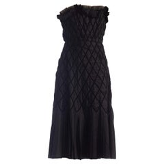 1950S Black Strapless Silk Taffeta Dress Pleated With Velvet Ribbon Latticework