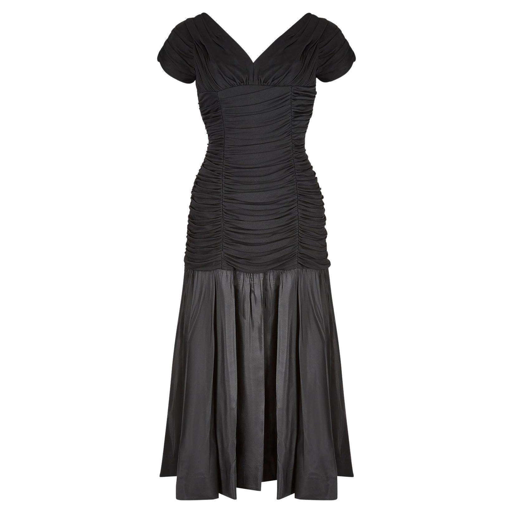 1950s Ceil Chapman Black Taffeta and Ruched Silk Jersey Dress For Sale