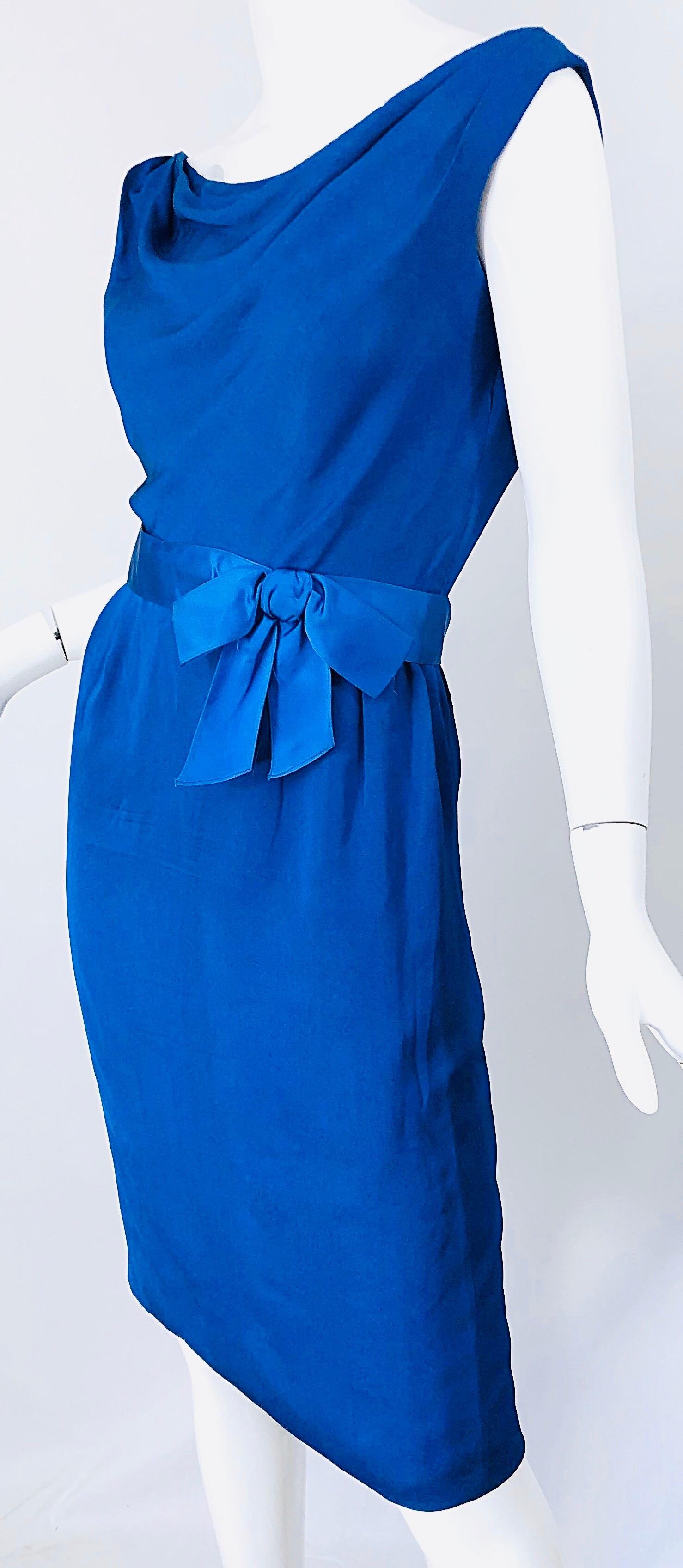 1950s Ceil Chapman Cerulean Blue Silk Chiffon Vintage 50s Off Shoulder Dress 3