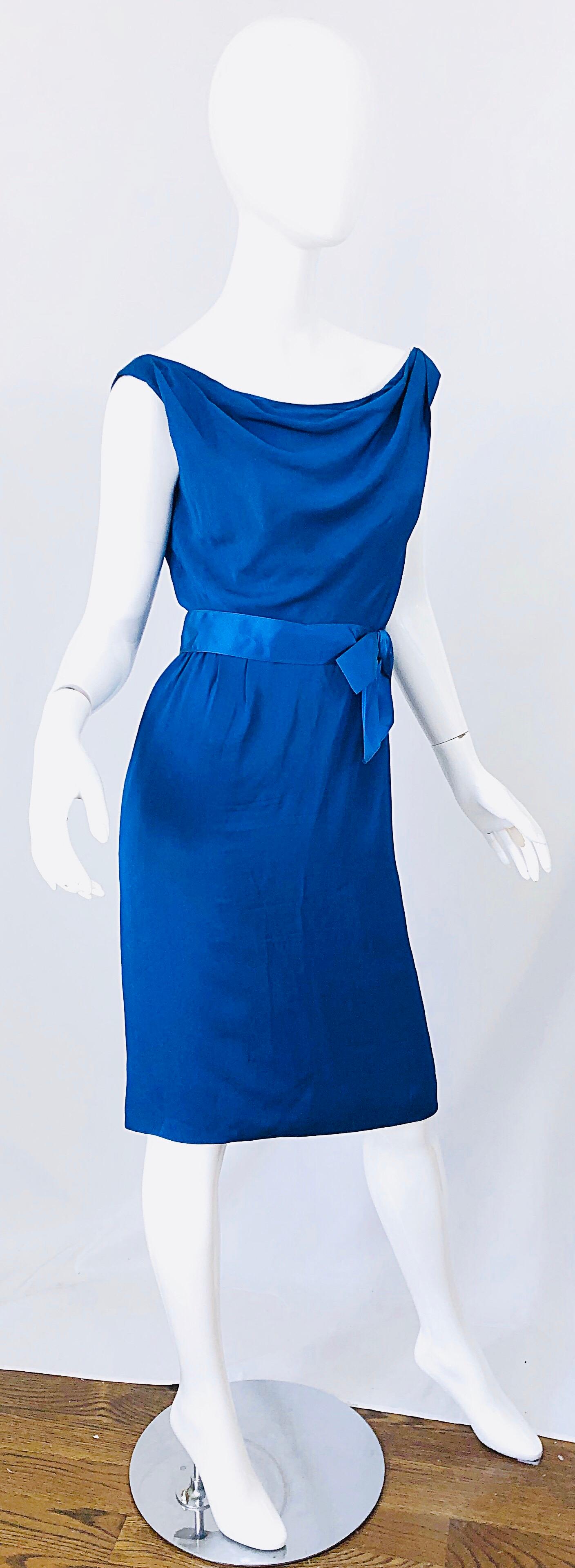 1950s Ceil Chapman Cerulean Blue Silk Chiffon Vintage 50s Off Shoulder Dress 5