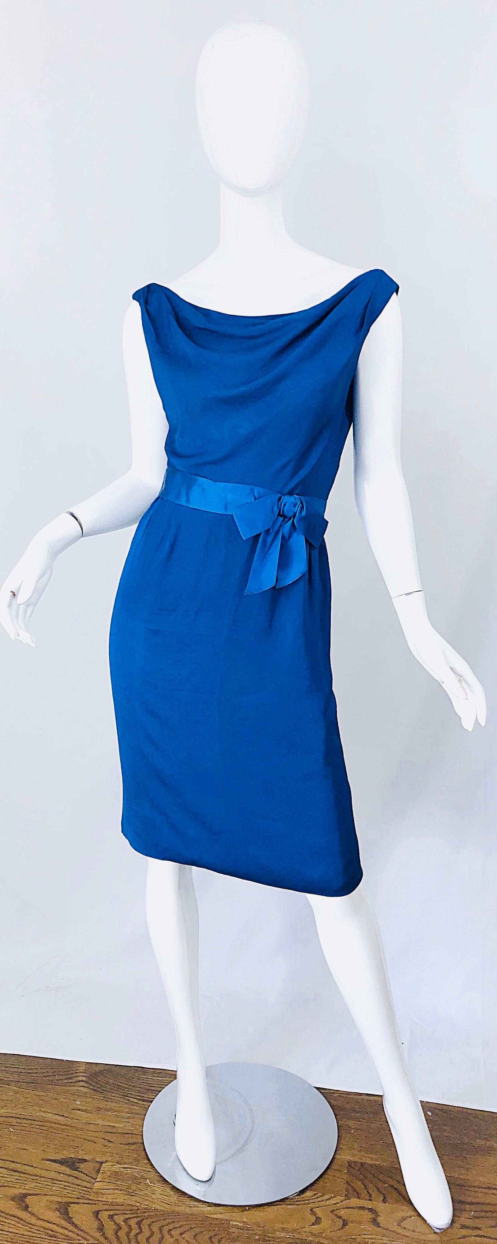 1950s Ceil Chapman Cerulean Blue Silk Chiffon Vintage 50s Off Shoulder Dress 6