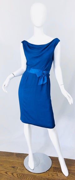 1950s Ceil Chapman Cerulean Blue Silk Chiffon Vintage 50s Off Shoulder Dress