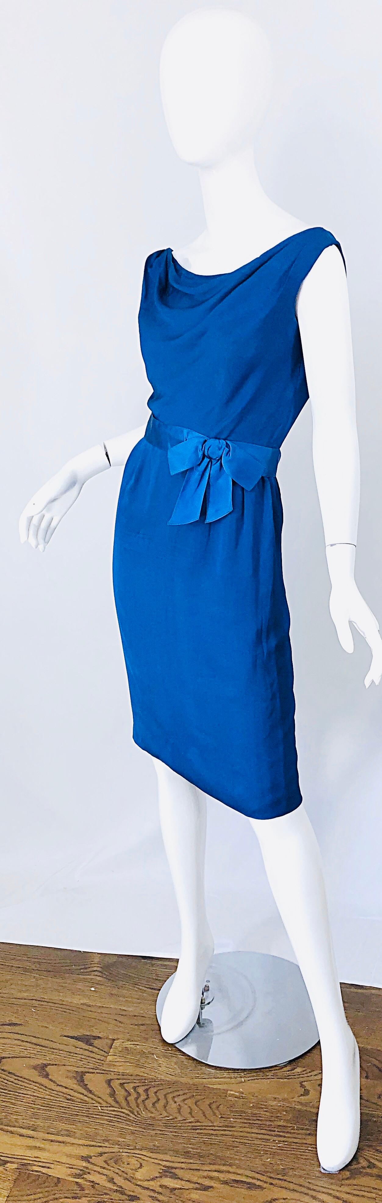 1950s Ceil Chapman Cerulean Blue Silk Chiffon Vintage 50s Off Shoulder Dress In Excellent Condition In San Diego, CA