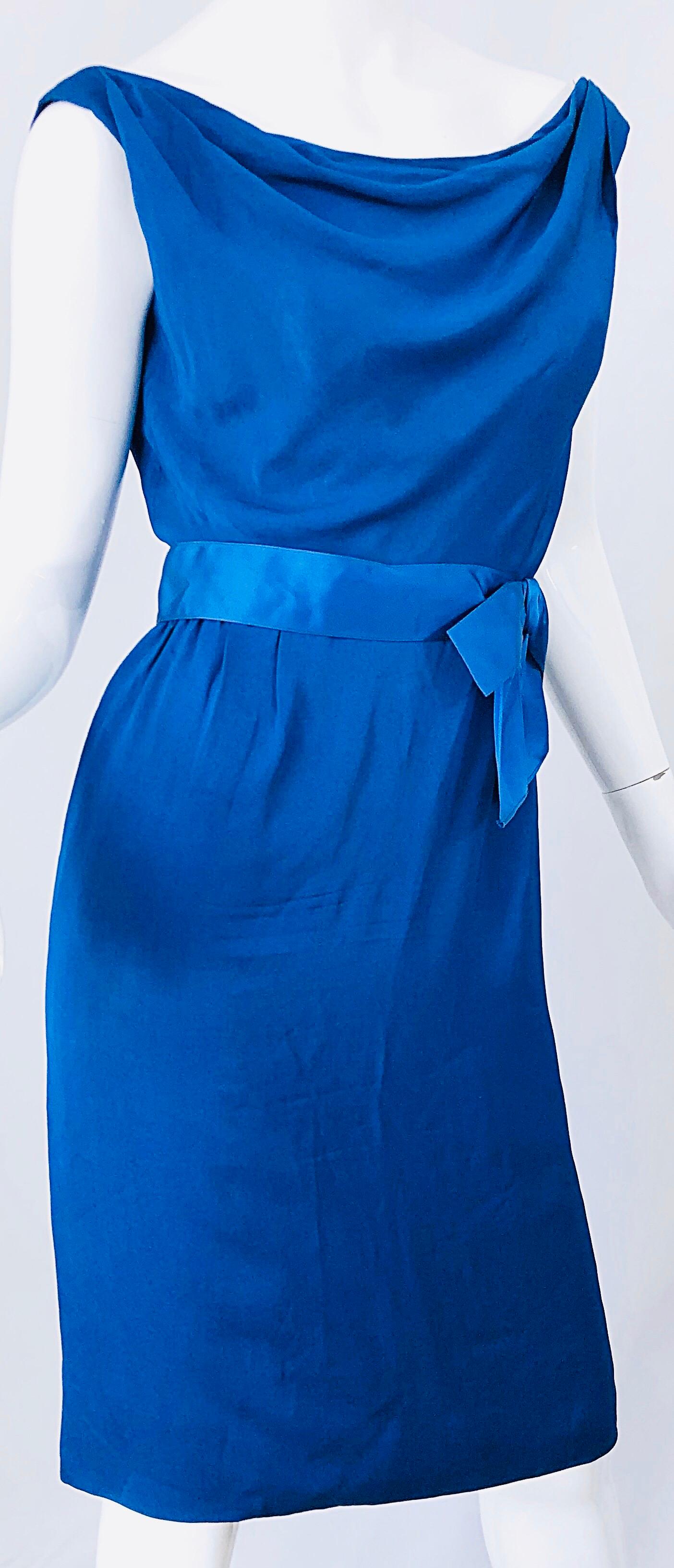 1950s Ceil Chapman Cerulean Blue Silk Chiffon Vintage 50s Off Shoulder Dress 2
