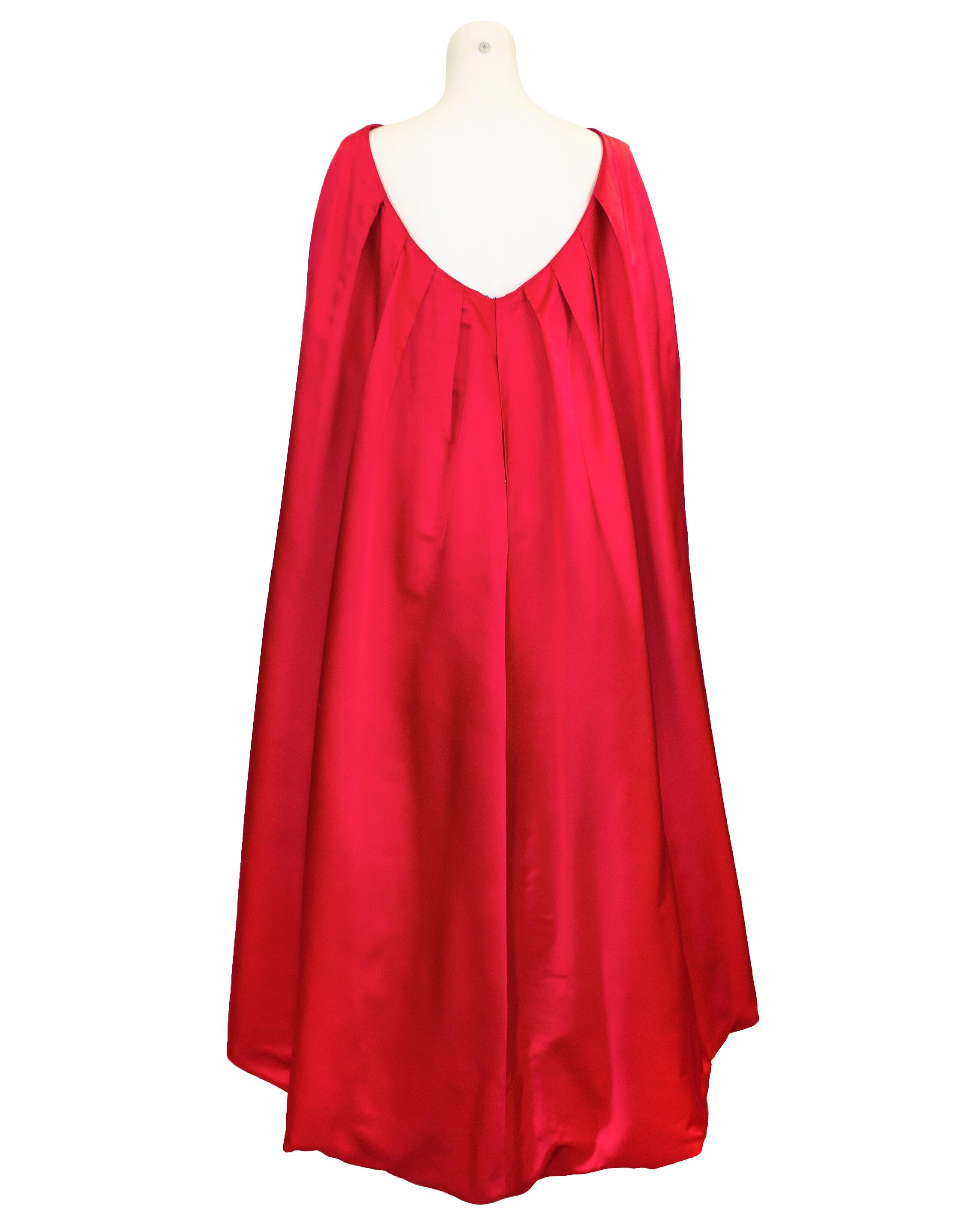 Red 1950s Ceil Chapman Floral Silk Gown with Back Cape For Sale