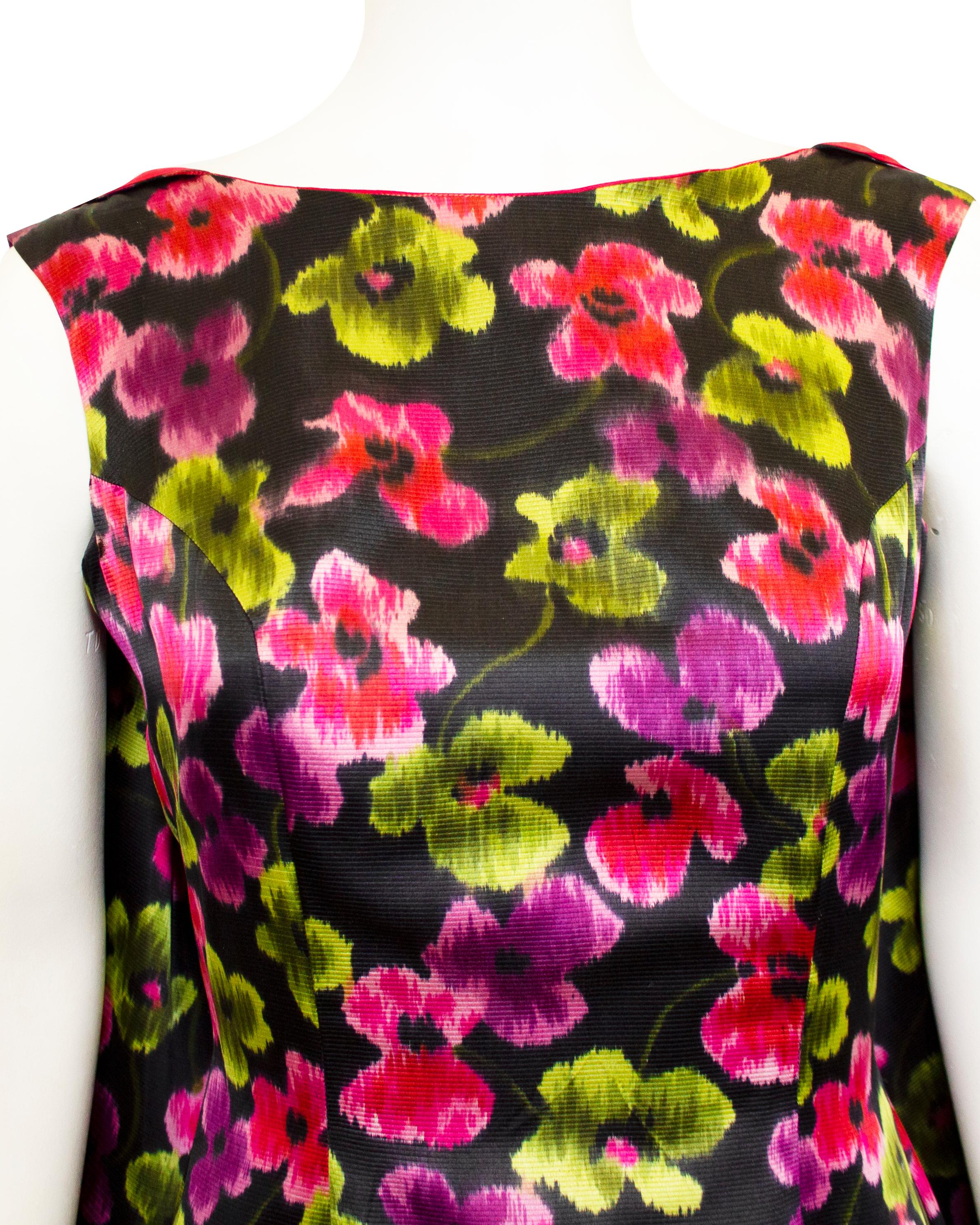 1950s Ceil Chapman Floral Silk Gown with Back Cape In Good Condition For Sale In Toronto, Ontario