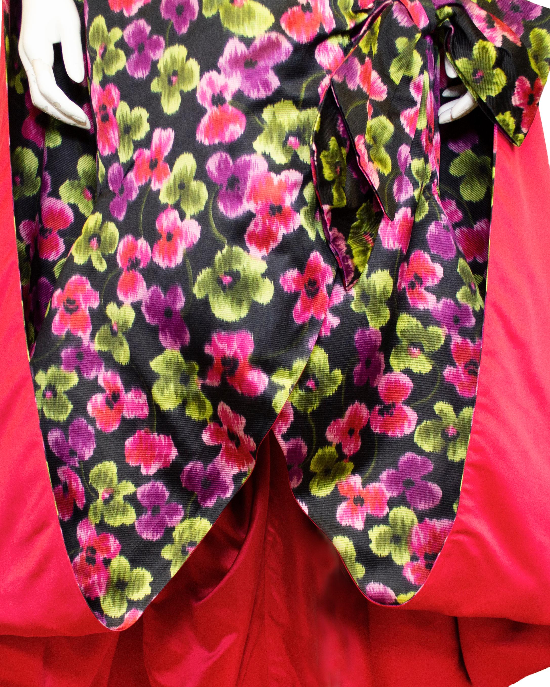 1950s Ceil Chapman Floral Silk Gown with Back Cape For Sale 1
