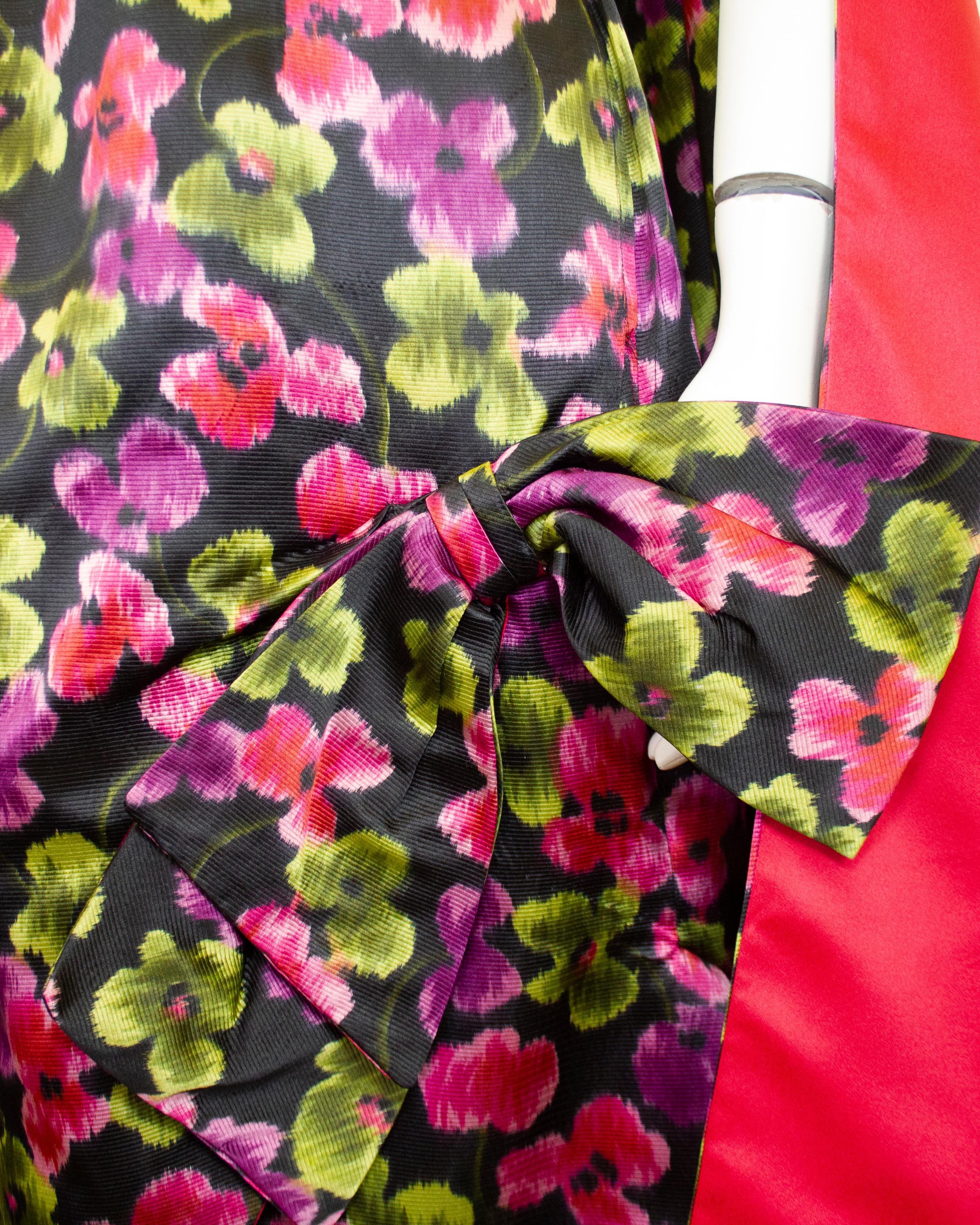 1950s Ceil Chapman Floral Silk Gown with Back Cape For Sale 2