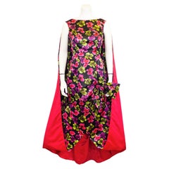 1950s Ceil Chapman Floral Silk Gown with Back Cape