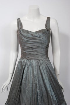 1950's Ceil Chapman Iridescent Seafoam Pleated Silk Low-Plunge Full Party Dress