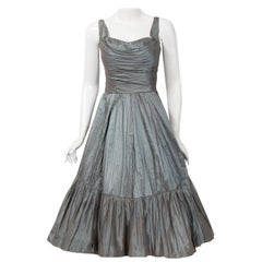 Vintage 1950's Ceil Chapman Iridescent Seafoam Pleated Silk Low-Plunge Full Party Dress