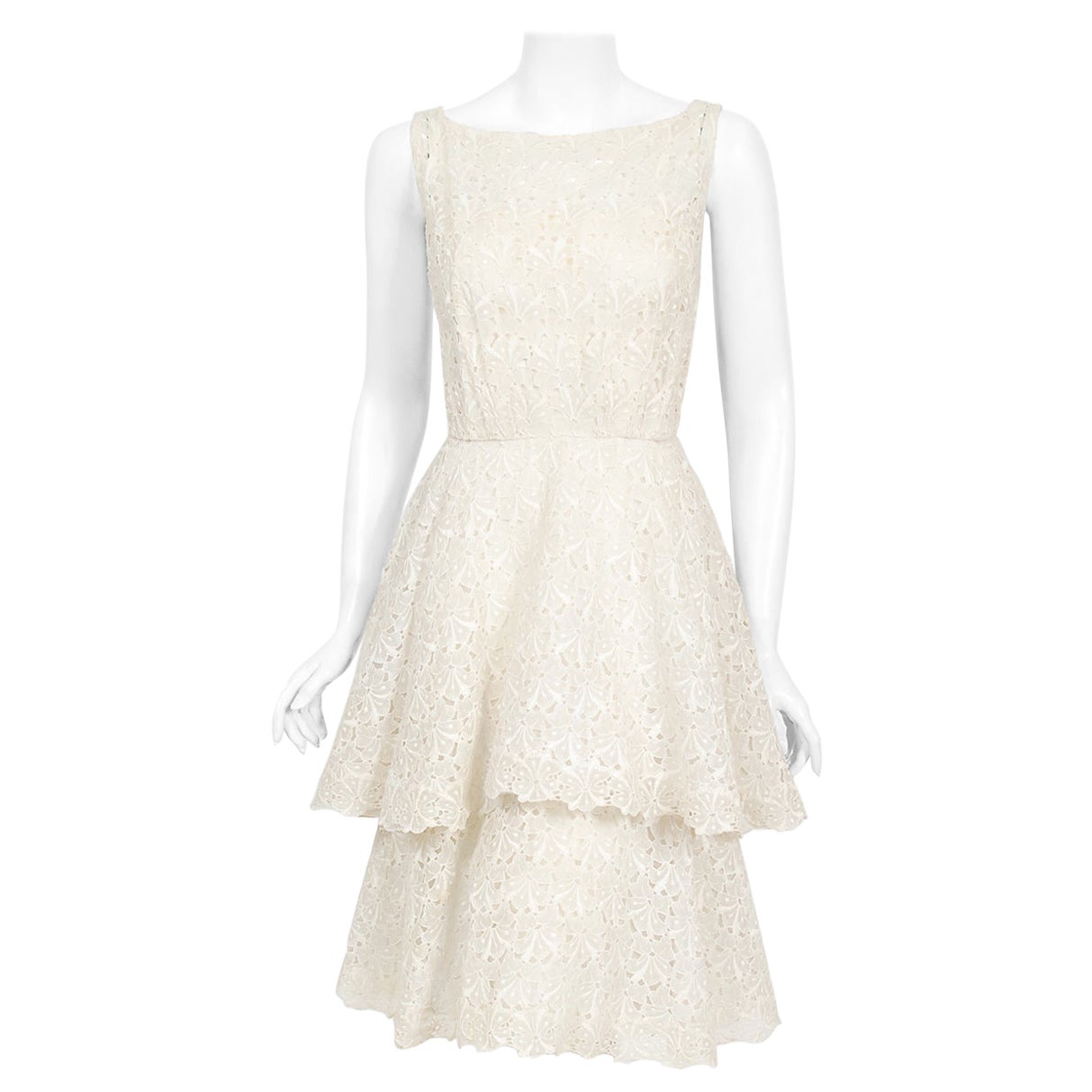 1950's Ceil Chapman Ivory Embroidered Eyelet Cotton Tiered Bridal Cocktail Dress For Sale