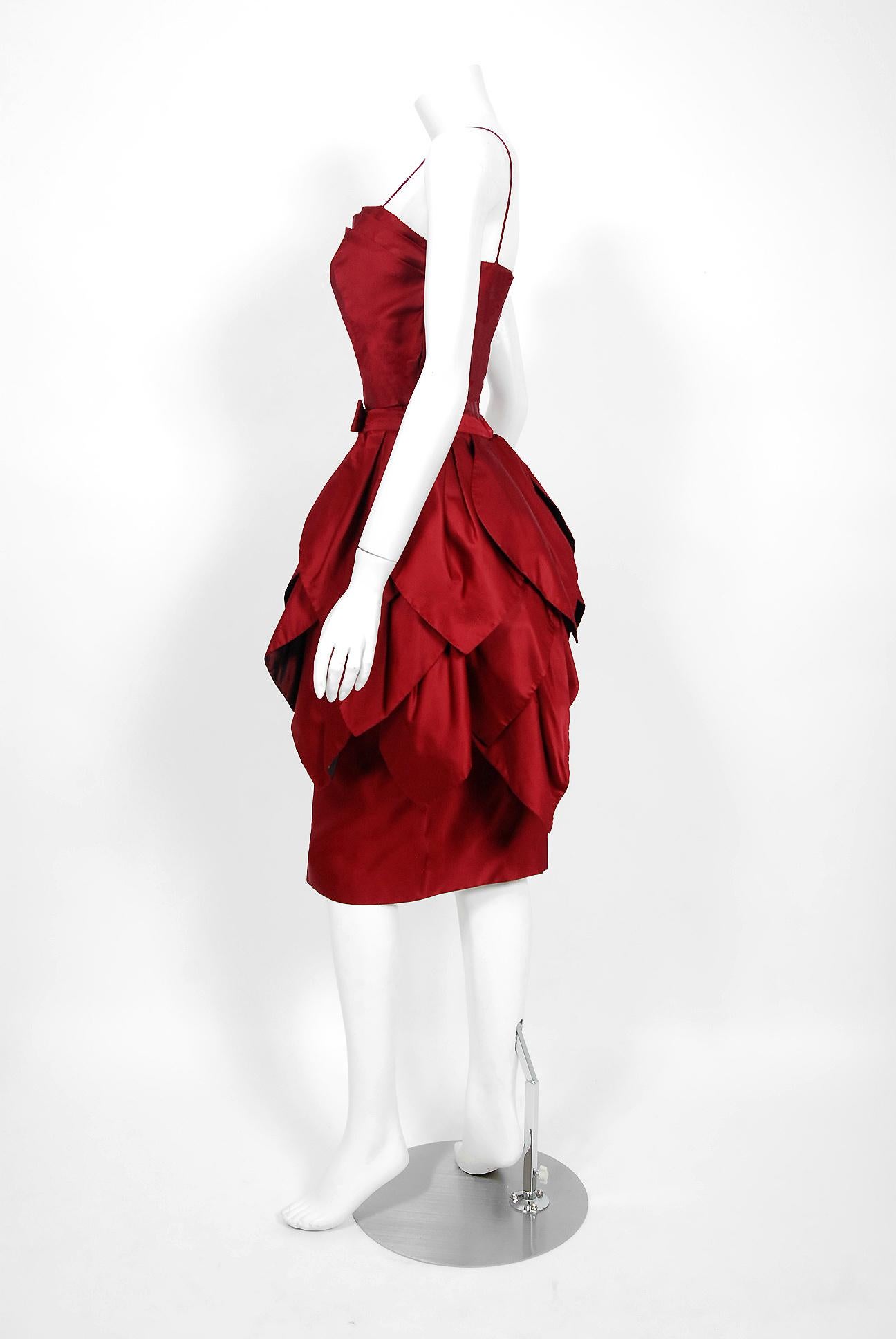 Vintage 1950's Ceil Chapman Merlot Red Silk Tiered Petal Detachable-Skirt Dress In Good Condition In Beverly Hills, CA