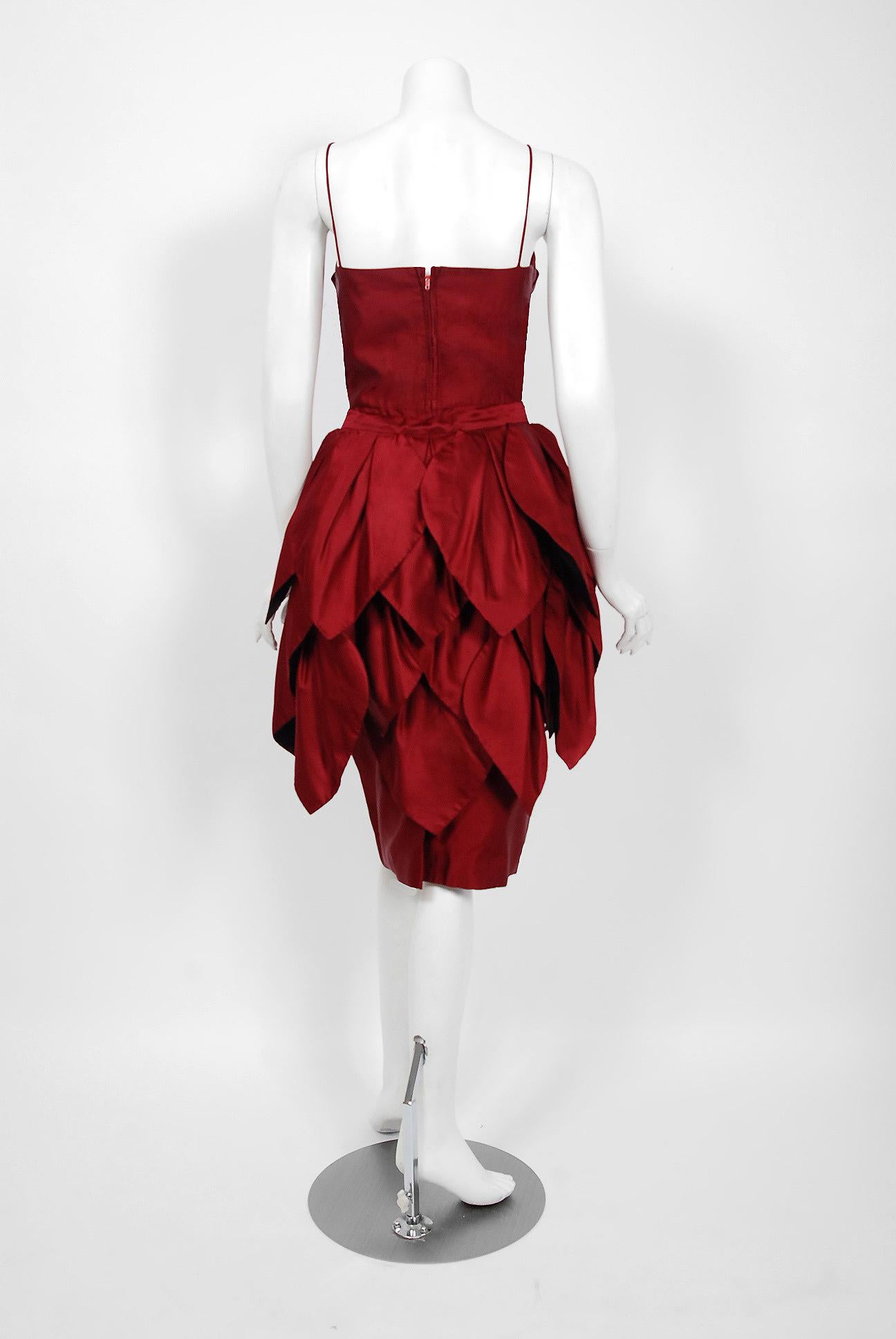 Women's Vintage 1950's Ceil Chapman Merlot Red Silk Tiered Petal Detachable-Skirt Dress