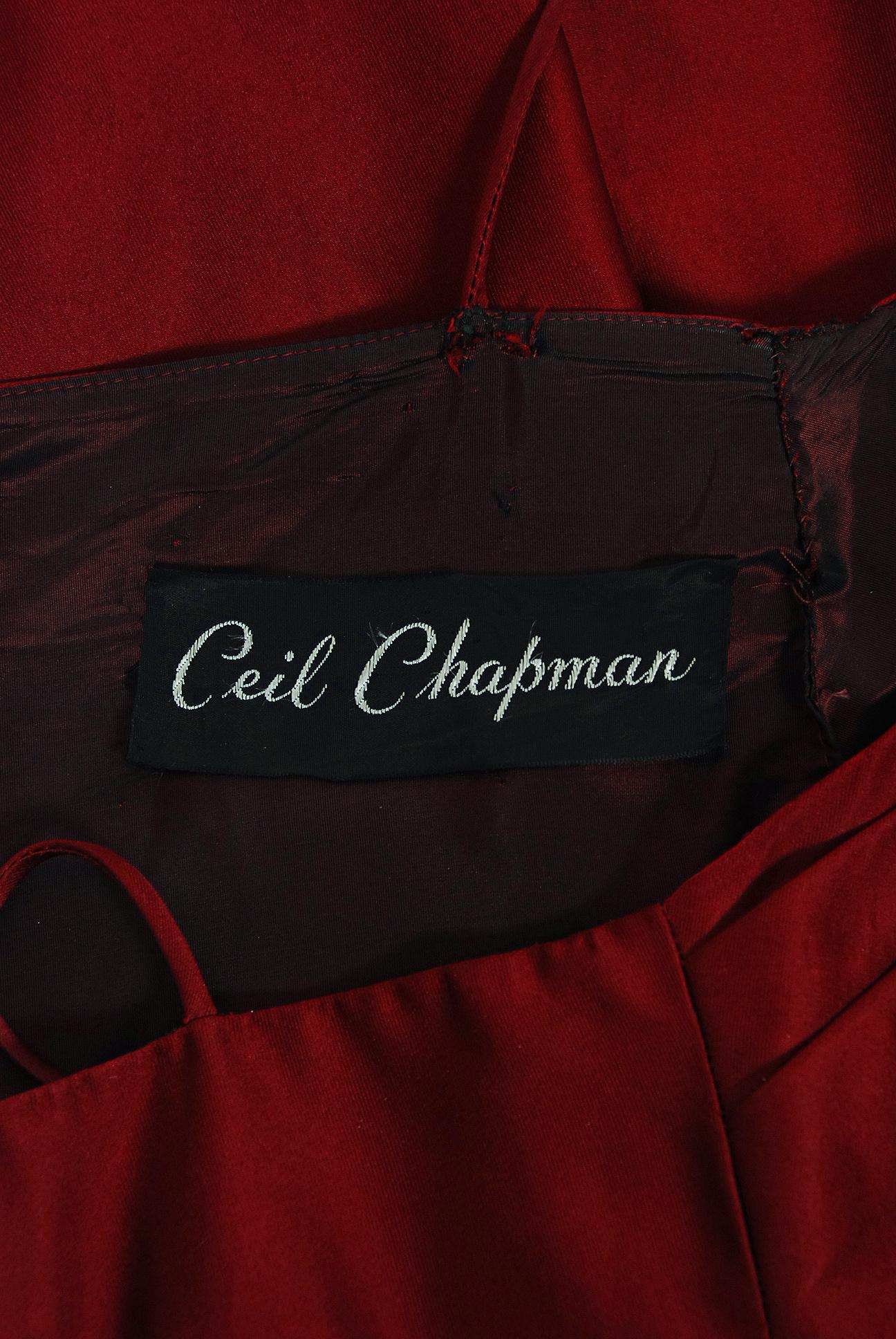 Vintage 1950's Ceil Chapman Merlot Red Silk Tiered Petal Detachable-Skirt Dress 1
