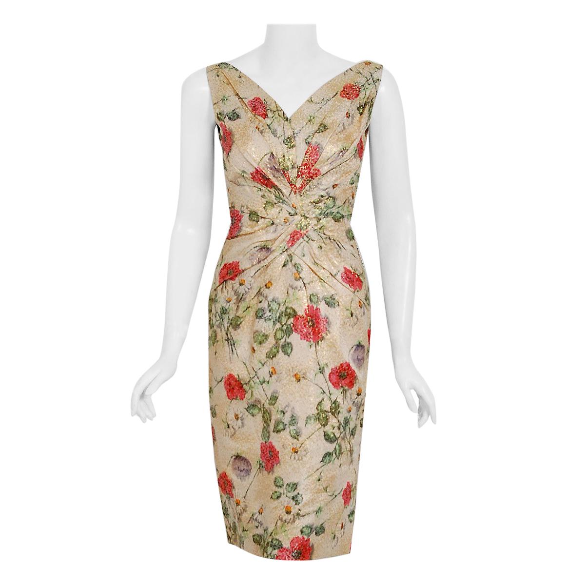1950's Ceil Chapman Metallic Floral Silk-Brocade Ruched Hourglass Cocktail Dress